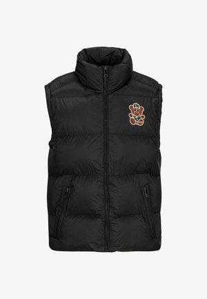 Černá bezrukávová prošívaná vesta s vysokým límcem, vybavená předním zipem, dvěma bočními kapsami a výšivkou medvídka na hrudi.
