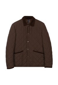 Bruine gewatteerde jas met een koorduroy kraag, drukknopen en twee voork vakken met bruin fluwelen accenten. Zachte textuur en klassiek ontwerp.