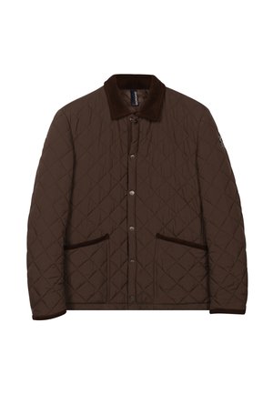 Bruine gewatteerde jas met een koorduroy kraag, drukknopen en twee voork vakken met bruin fluwelen accenten. Zachte textuur en klassiek ontwerp.