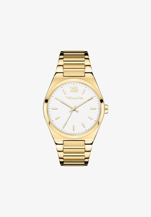 Goudkleurig roestvrijstalen horloge met een witte wijzerplaat, met ronde uurmarkeringen, gouden wijzers en een strakke schakelarmband. Gemarkeerd met "Tamaris."