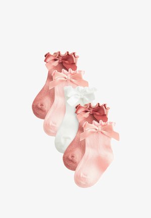 Set of four ankle socks in pink, light pink, and white, featuring ruffled tops and satin bows for decoration. Smooth texture.