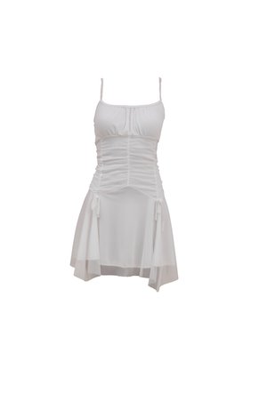 Balta kleita ar regulējamiem spageti plecu siksnām, savilktu krūšu daļu un plūstošu svārku ar sānu saitēm un daudzslāņu apakšmalu.