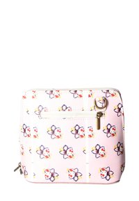 Borsa cosmetica rosa con motivi floreali in rosso, giallo e blu. Materiale testerato con chiusura a zip e una tasca frontale con accentuazione in metallo.