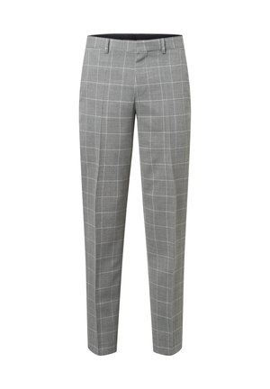 Gray plaid trousers featuring a tailored fit, two front pockets, and a smooth texture with a subtle check pattern throughout.