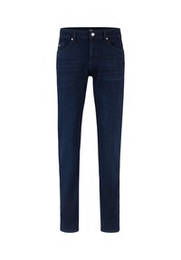 Jeans negri din denim cu o croială slim, având cinci buzunare, bucle pentru curea și un singur sistem de închidere cu un buton. Textură netedă cu o ușoară decolorare.