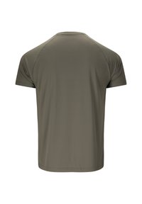 T-shirt de sport manches courtes vert olive vu de dos avec détails de coutures visibles sur les épaules et les manches.