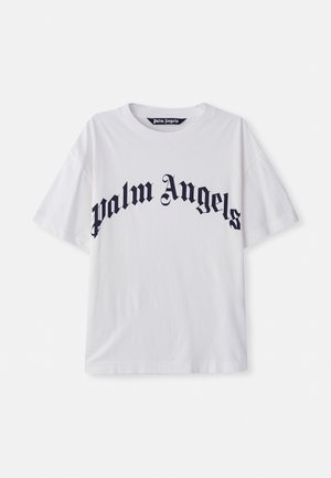 White cotton t-shirt featuring bold navy "Palm Angels" text in a curved design. Short sleeves and a crew neck cut. Smooth texture.