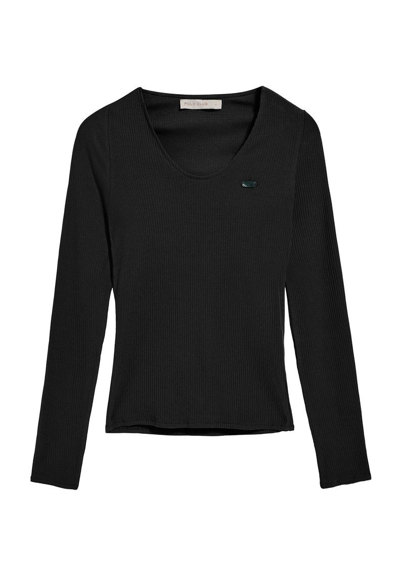 Top nero a maniche lunghe realizzato in tessuto a costine, con scollo a barchetta e un piccolo logo accentato vicino al petto. Design semplice e aderente.