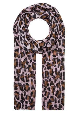 Écharpe rose clair avec motif léopard brun et noir, bouclée délicatement avec les deux extrémités pendantes.