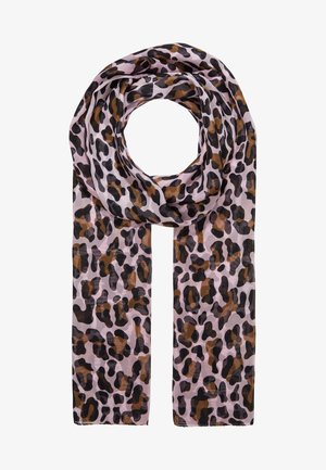 Lyserødt tørklæde med brunt og sort leopardmønster, løst snoet med begge ender hængende lige ned.