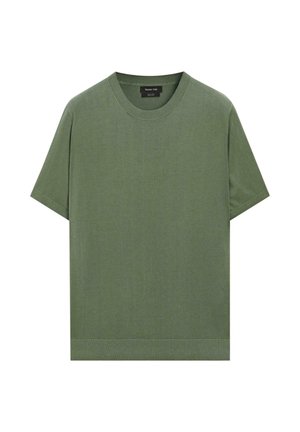 Olivově zelené tričko s krátkým rukávem vyrobené z měkké bavlny, s kulatým výstřihem a rovný lem s jemným žebrováním.