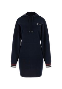 Rochie dintr-un material moale, de culoare bleumarin, cu buzunar tip kangaroo, șnururi de strângere și manșete în dungi roșii, albe și negre.