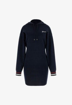 Navy hoodie dress made of soft fabric, featuring a kangaroo pocket, drawstrings, and striped cuffs in red, white, and black.