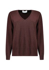 Maglione marrone con scollo a V realizzato in morbido tessuto a maglia, con maniche lunghe, vestibilità rilassata e una texture sottile su tutta la superficie.