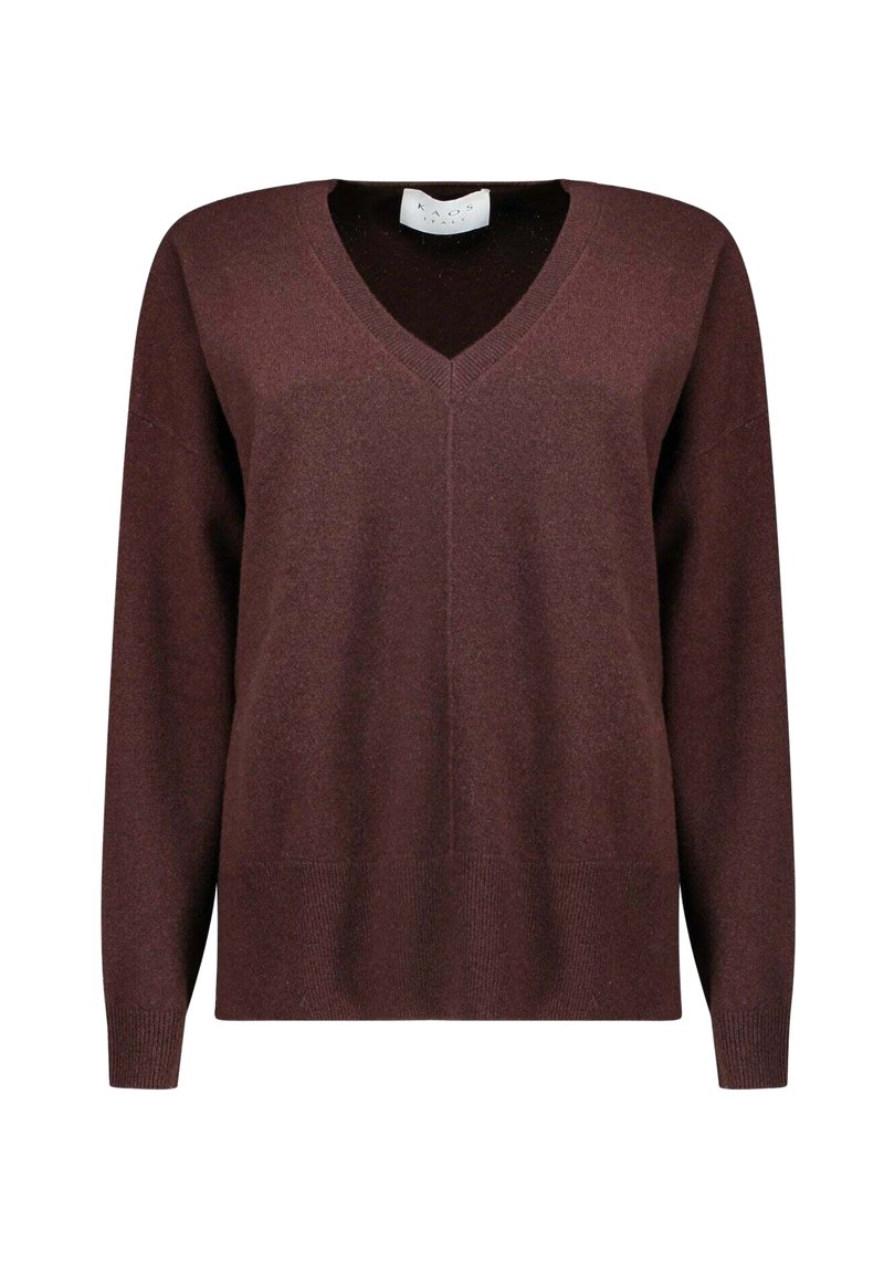Maglione marrone con scollo a V realizzato in morbido tessuto a maglia, con maniche lunghe, vestibilità rilassata e una texture sottile su tutta la superficie.