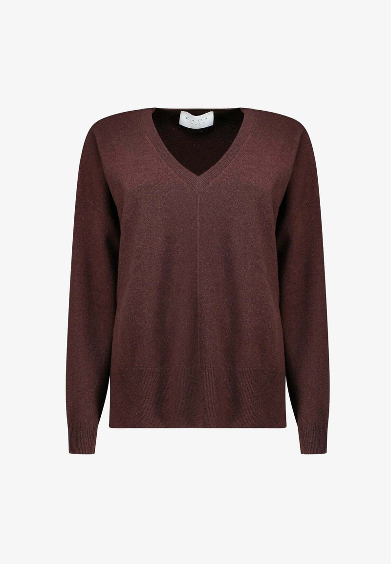 Maglione marrone con scollo a V realizzato in morbido tessuto a maglia, con maniche lunghe, vestibilità rilassata e una texture sottile su tutta la superficie.