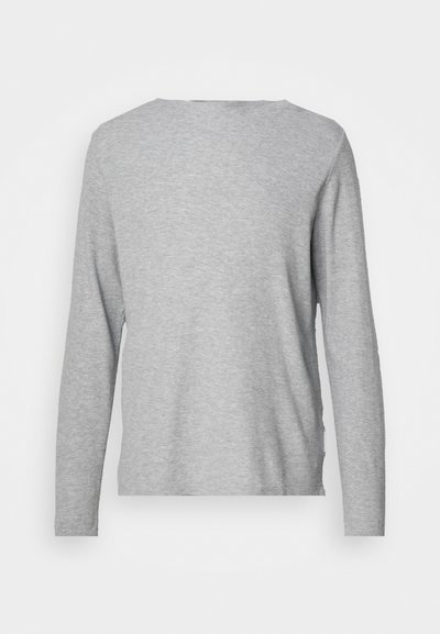 Grauer langärmeliger Pullover mit rundem Halsausschnitt, aus weichem Material und geradem Schnitt. Keine sichtbaren Muster oder Beschläge.