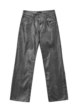 Metallic-silberne Jeans mit weitem Bein, hoher Taille, vorderen Taschen und einem subtilen Glanz in der Stoffstruktur.