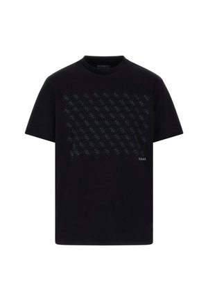 T-shirt in cotone nero con un motivo a diamante tono su tono nella parte frontale e un piccolo logo nell'angolo in basso a destra. Maniche corte e scollatura a girocollo.