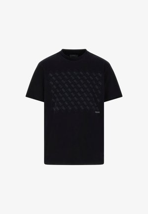 Czarny bawełniany T-shirt z tonalnym wzorem diamentów z przodu oraz małym logo w prawym dolnym rogu. Krótkie rękawy i okrągły dekolt.
