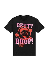 Zwarte t-shirt met een grafische print van een cartoonfiguur in roze en rode kleuren. De tekst bevat "BETTY BOOP!" en "#352" in vetgedrukte letters.