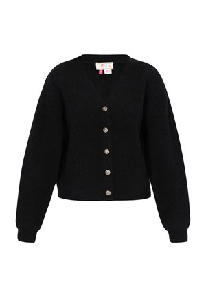 Crni pleteni kardigan s V-izrezom, prednjim zatvaračem na pet dugmadi i oversized rukavima. Ima teksturiranu tkaninu i dekorativne dugmadi.