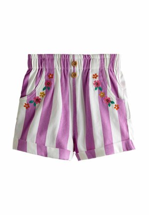 Pantalones cortos infantiles a rayas verticales blancas y moradas con cintura elástica, dos botones de madera, bolsillos laterales y bordado floral.