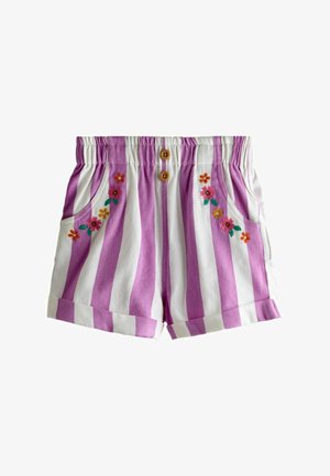 Pantalones cortos infantiles a rayas verticales blancas y moradas con cintura elástica, dos botones de madera, bolsillos laterales y bordado floral.
