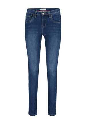 Donkerblauwe dames slim-fit jeans met vijf zakken, knoop- en ritsluiting, en subtiele vervaging op de dijen.