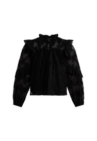 Svart spetsblus med volangkrage och ärmar, elastiska manschetter och knytning i nacken. Halvgenomskinligt tyg med blommönster.