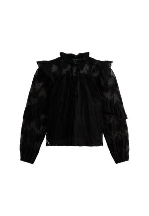 Blusa in pizzo nero con colletto e maniche a volant, polsini elasticizzati e chiusura a fiocco sul collo. Tessuto semi-trasparente con motivo floreale.