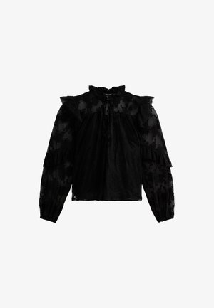 Blusa de encaje negra con un cuello y mangas con volantes, puños elásticos y un lazo en el cuello. Tejido semitransparente con patrón floral.