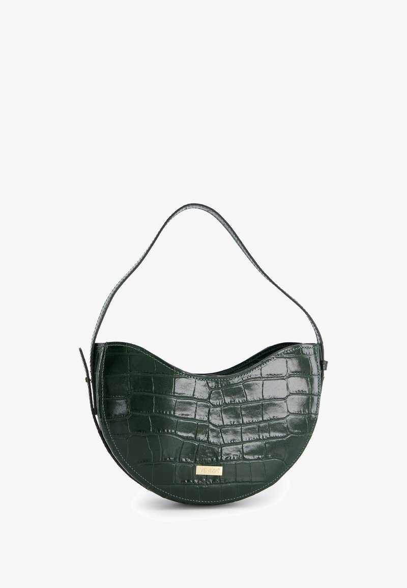 Green crocodile-embossed leather handbag, semi-circular shape, with a slim shoulder strap and a gold logo accent. Smooth, glossy texture.