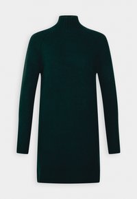 Robe-pull à col roulé vert foncé en maille douce. Caractérisée par des manches longues, des poignets côtelés et un ourlet légèrement arrondi.