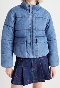Light blue padded jacket with a high collar, featuring two front pockets and stitched detailing, paired with a dark denim skirt adorned with red butterflies.