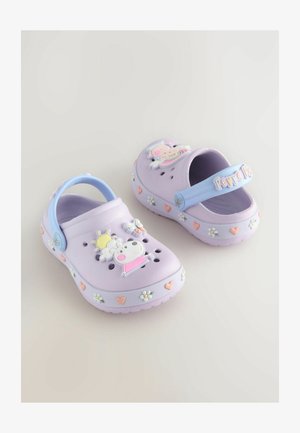 Violetinės klumpės turi dekoratyvinius akcentus, įskaitant gėles ir širdis. Jos suprojektuotos su ventiliacijos skylutėmis ir užpakaline juostele, pagamintos iš lengvos medžiagos.