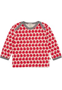 Camicia rossa a maniche lunghe con un motivo a uccelli ripetuto su uno sfondo chiaro. Collo e polsini a coste grigi; materiale in cotone.