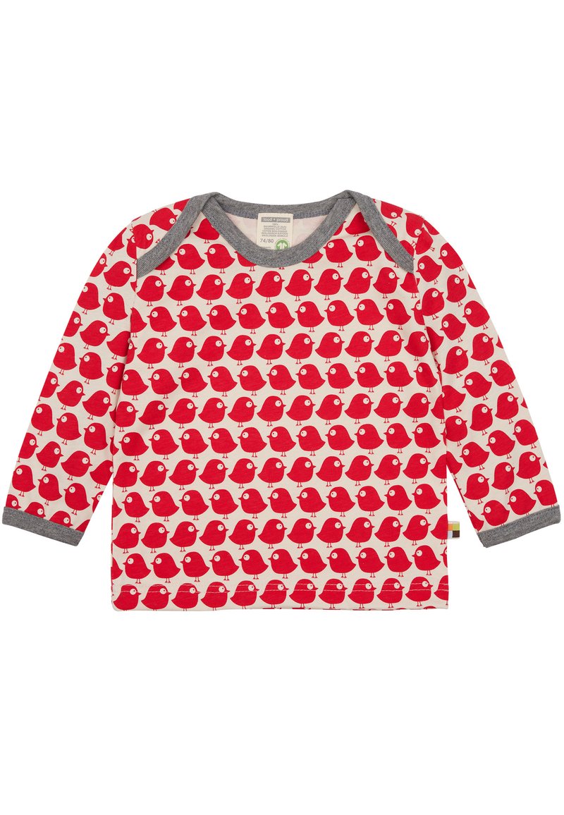 Camicia rossa a maniche lunghe con un motivo a uccelli ripetuto su uno sfondo chiaro. Collo e polsini a coste grigi; materiale in cotone.