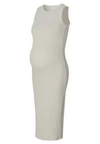 Světlé šedé těhotenské šaty bez rukávů s ribovanou strukturou. Přiléhavý střih s nabíráním po stranách pro pohodlí. Délka ke kolenům s kulatým výstřihem.