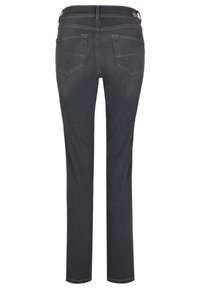 Donkergrijze denim jeans met een recht model, voorzien van twee achterzakken, subtiele stiksels en een logo-label op de tailleband.
