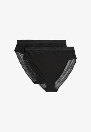 Schwarze Baumwoll-Slips mit Spitzenbesatz entlang der Ränder, ausgestattet mit einem breiten elastischen Bund, der mit dem Wort "BODY" geprägt ist. Set mit zwei Stück.