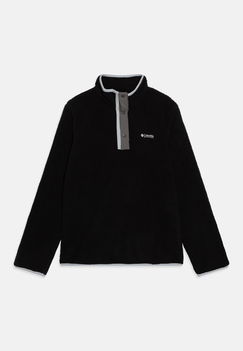 Pullover in pile nero con accenti grigi e chiusura a metà bottoni. Presenta un colletto alto e un tessuto morbido e testurizzato. Logo Columbia visibile.