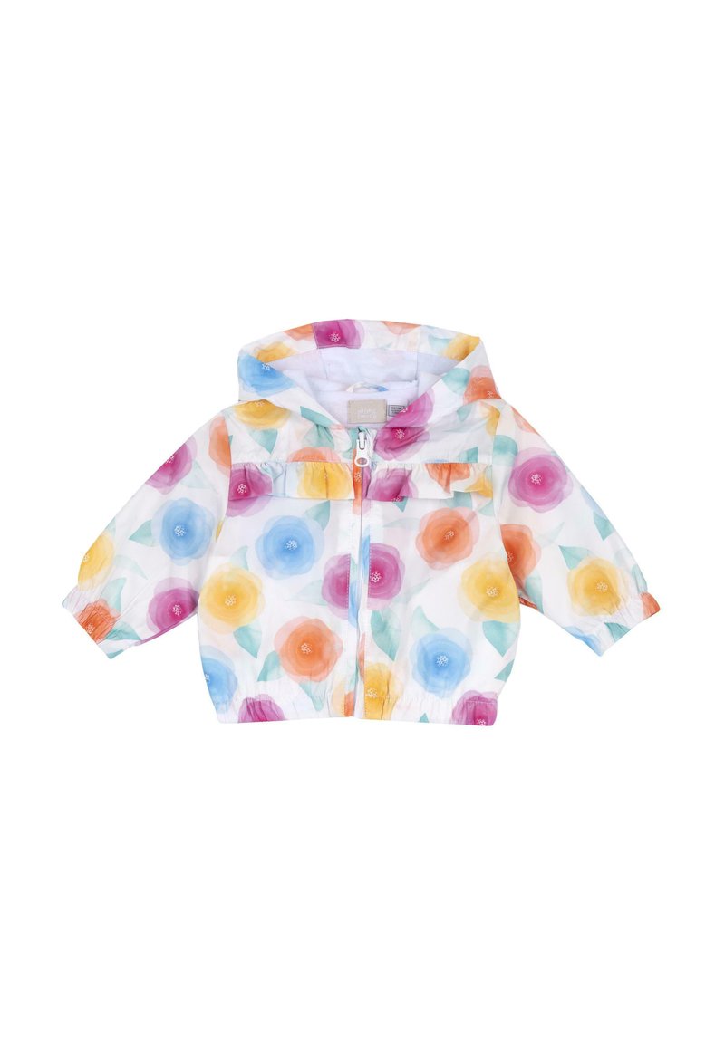 Veste légère à capuche avec une base blanche ornée de fleurs aquarelle colorées en rose, jaune et bleu, avec des poignets élastiques et une fermeture éclair à l'avant.