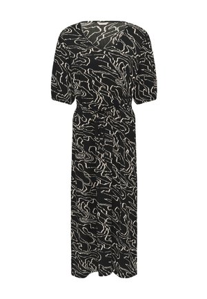 Black midi dress with beige abstract swirl pattern, short puffed sleeves, V-neckline, and tie belt at the waist.