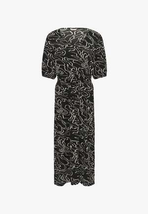 Black midi dress with beige abstract swirl pattern, short puffed sleeves, V-neckline, and tie belt at the waist.