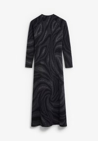 Abito a maniche lunghe in tessuto scuro con un motivo argentato a spirale, taglio midi con scollatura alta e hardware minimo.