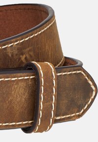 Brown leather belt with a textured surface, white stitching detail, and a buckle loop. Features a rounded tip and a smooth inner lining.