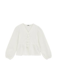 Vit, texturerad blus med V-halsringning, puffiga långärmar och tre framknytningar. Har en peplum stil med en något lös passform.