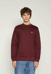 Sudadera burdeos con cuello redondo, puños y dobladillo acanalados, que presenta un pequeño logo verde en el pecho. Tejido suave y texturizado.