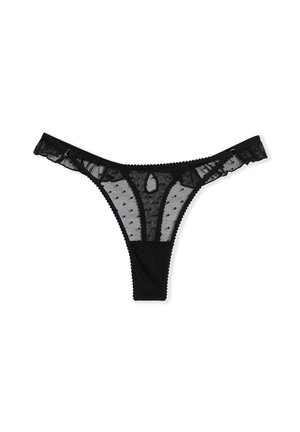 Tanga negra de malla transparente con puntos, con un borde de encaje y un acabado en forma de olas. Textura suave con acentos decorativos de hardware.